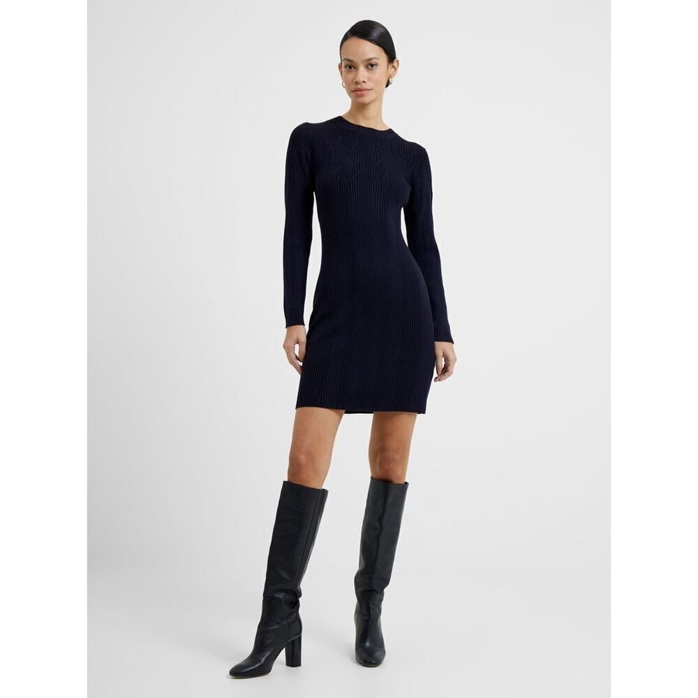 French Connection Joann Mari Mini Dress Women's XL Blue Black Plated Rib NWT